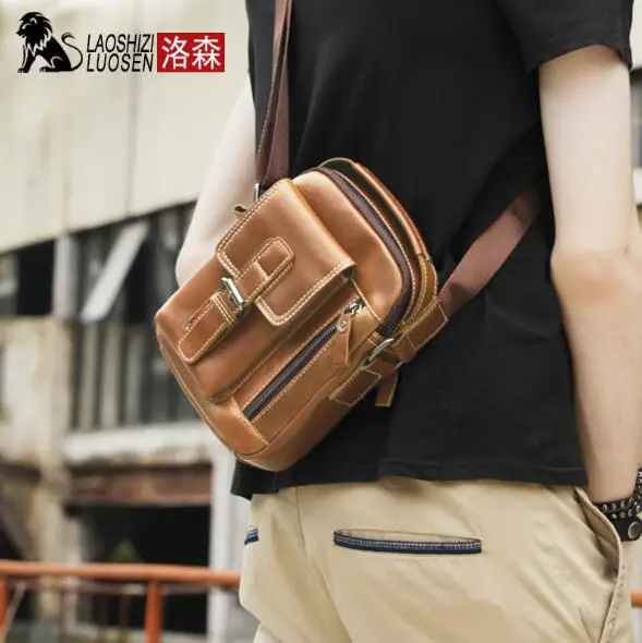 LAOSHIZI LUOSEN брендовая мужская сумка на плечо из натуральной кожи, маленькая Повседневная дизайнерская мужская сумка через плечо с клапаном на молнии - Цвет: Светло-коричневый