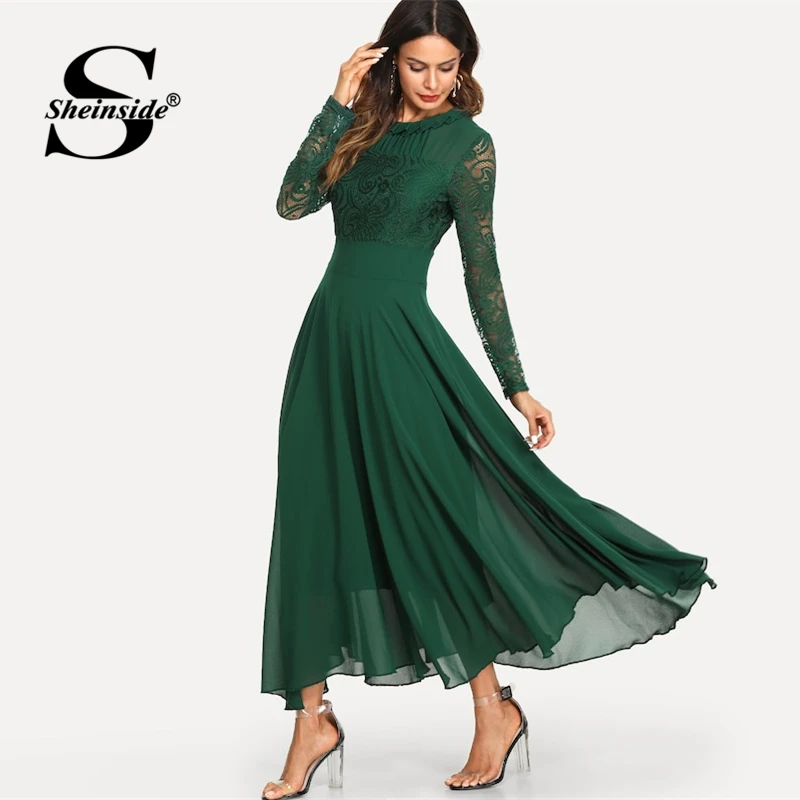 

Sheinside Green Mesh Lace Panel Sleeve Dress Women Solid Trim Pleated Maxi Dresses 2019 Spring Elegant High Waist A Line Dress