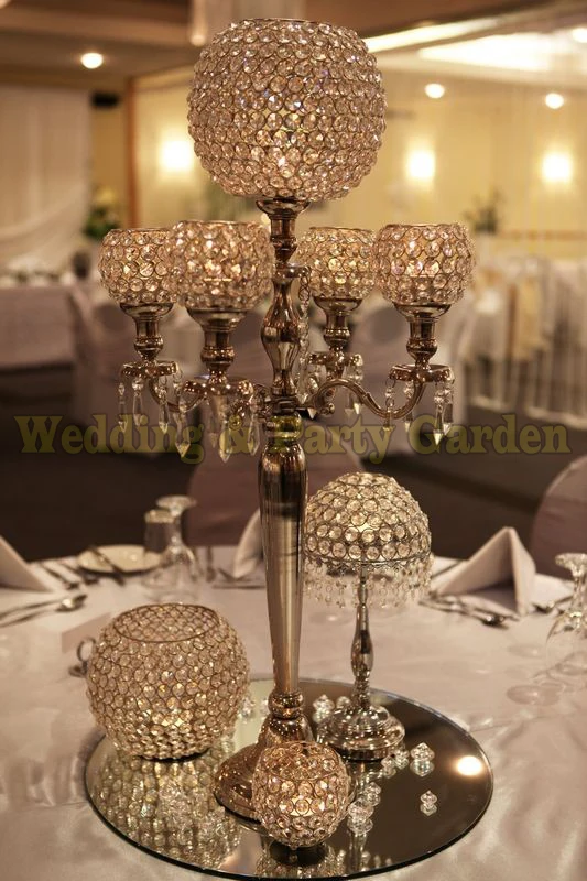 Silver wedding candelabra 5 arms crystal candle holder with big crystal