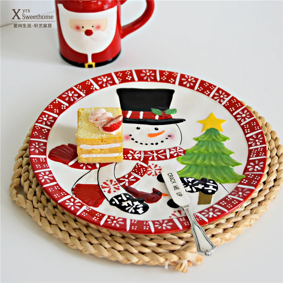 Рождественский снеговик креативная керамическая тарелка подглазурная краска ручная роспись блюдо праздничное украшение тарелка 3D рельефная посуда тарелка