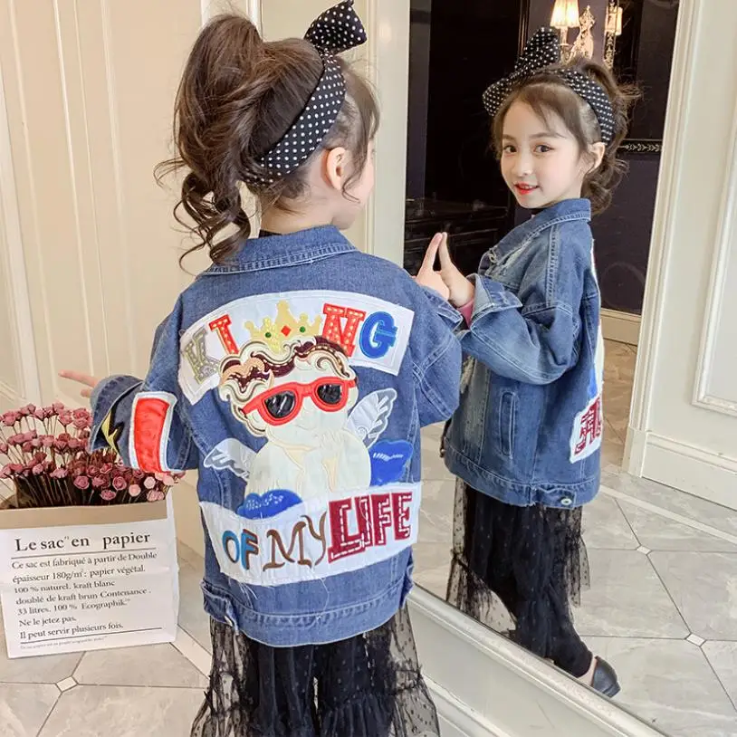 

Angel baby embroidery denim jackets 2019 spring autumn new cotton hole casual jean coats children outerwear teens clothes ws372