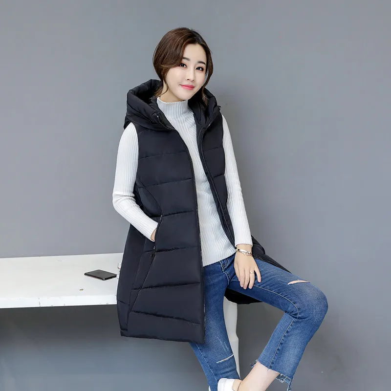 Winter vest women long Casual slim solid Big hood waistcoat vest Autumn sleeveless cotton padded parka coat for female
