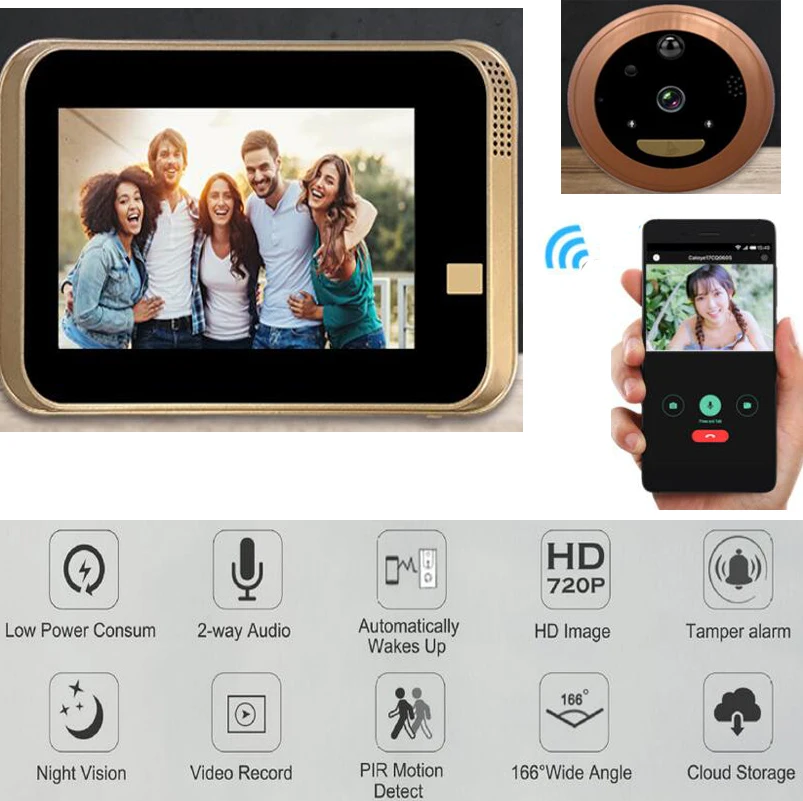 

Wifi Wireless Smart Peephole Video Doorbell 720P HD Camera with IR PIR Alarm Cloud TF Storage and Lithium Battery
