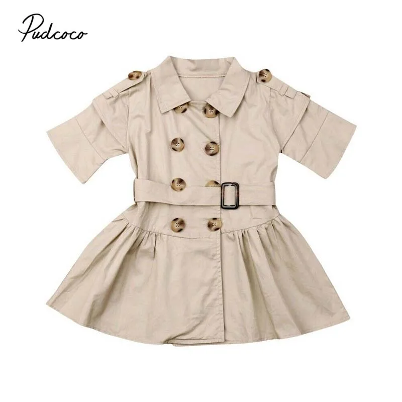 

2019 Brand Fashion Kid Baby Girls Dress Half Sleeve Clothes Double Solid Button Breasted Wind Coat Belt A-Line Dress Party 2-7Y