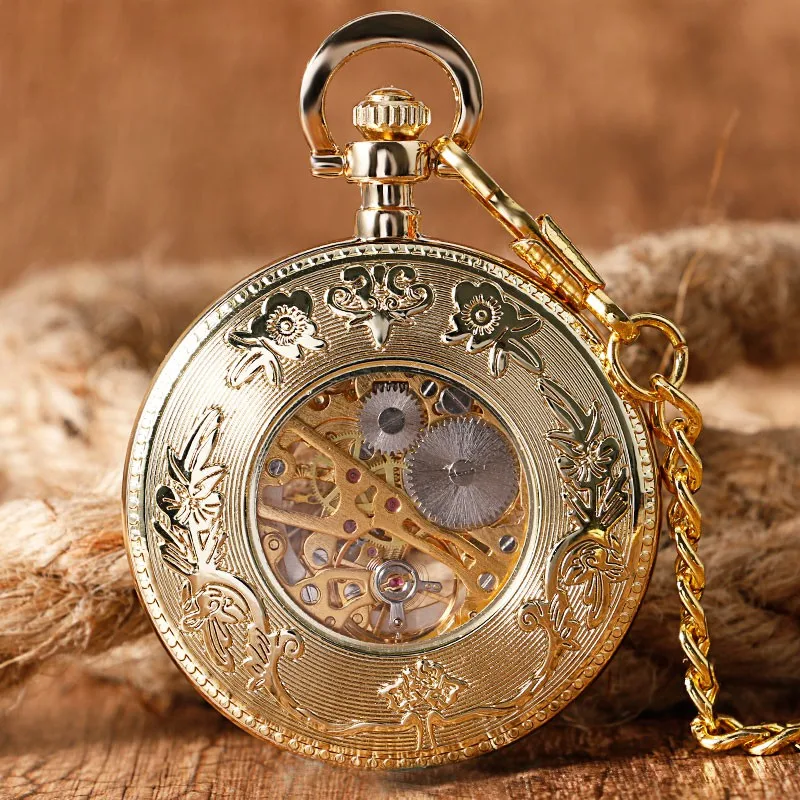 Полный Золото Шестерни циферблат Механическая Рука обмотки карманные часы Античный стимпанк Для мужчин Для женщин Fob часы Relogio де Bolso