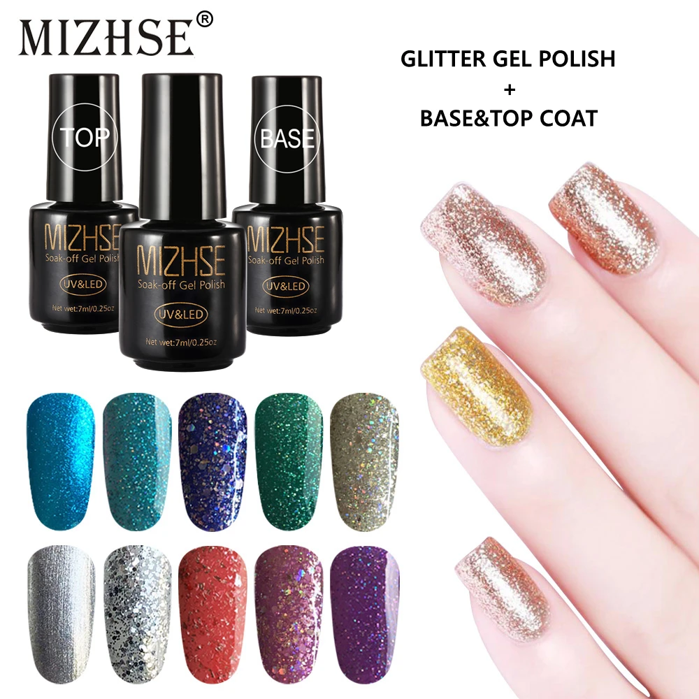 

MIZHSE Gel Polish Set UV Vernis Semi Permanent Primer Top Coat 3Pcs/lot Hybrid Varnish Gel Polish UV Glitter Shiny Effect Color