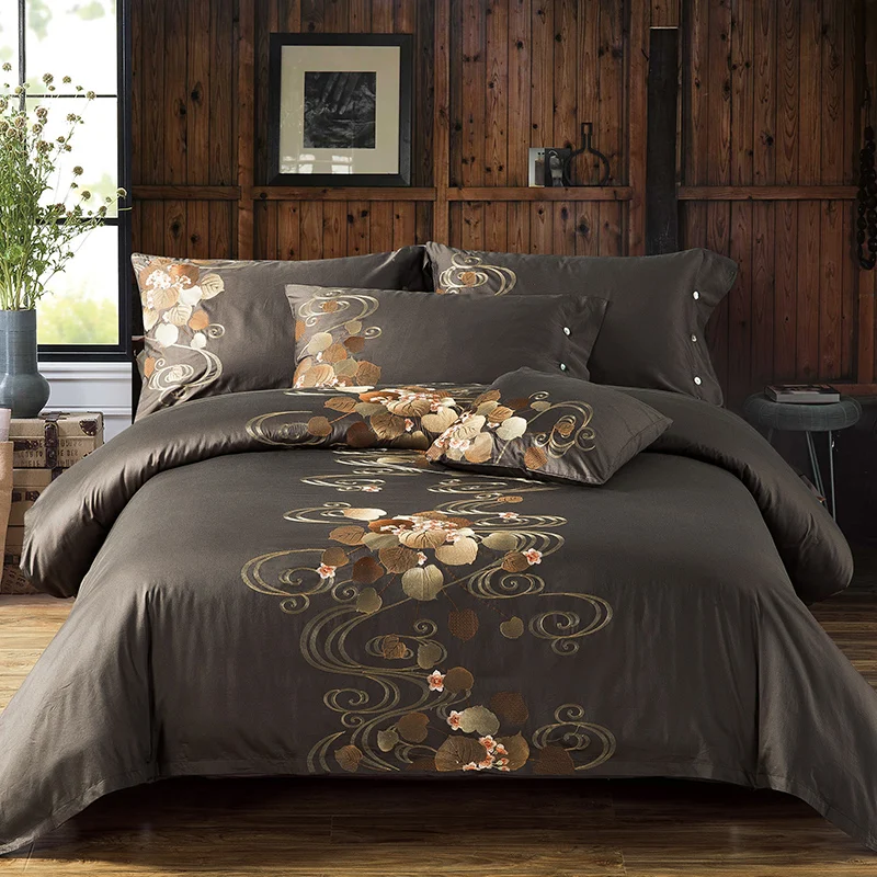 

Grayish brown Beige blue luxury Flower Embroidery Egyptian Cotton Bedding Set Queen King Size Duvet Cover Bed sheet Pillowcases