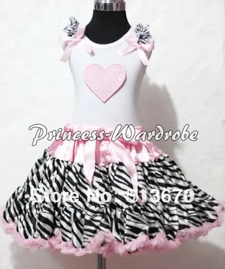 

LIght Pink Sweet Heart Zebra Ruffles Light Pink Bow White Tank Top with Light Pink Zebra Pettiskirt MAMM117