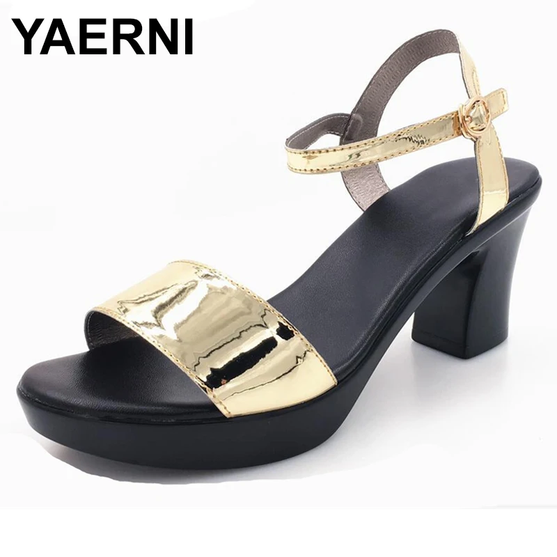 

YAERNI Woman sandals summer genuineleather fashion simple thickhigh heel sandals female open toe comfortable women's sandalsE775