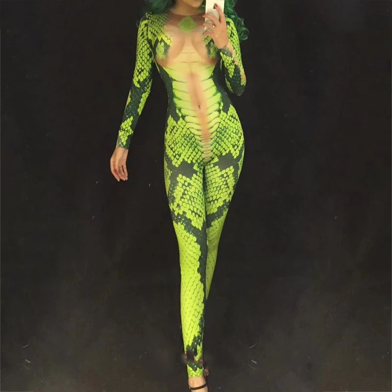 

Novelty Snake Tattoo Printing Jumpsuit Sexy Leotard Elastic Bodysuit Nightclub Bar Cosplay Jazz Costumes Stage Show Wear DN2028