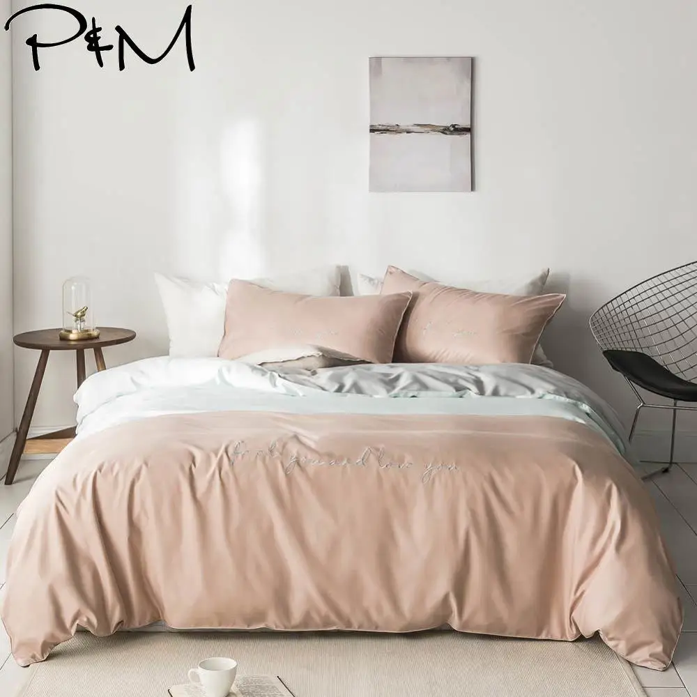 

2019 Fresh Salmon White Grey Nordic Embroidery Queen King Size Flat Sheet Artificial Silk Duvet Cover Set Satin Bedding Set