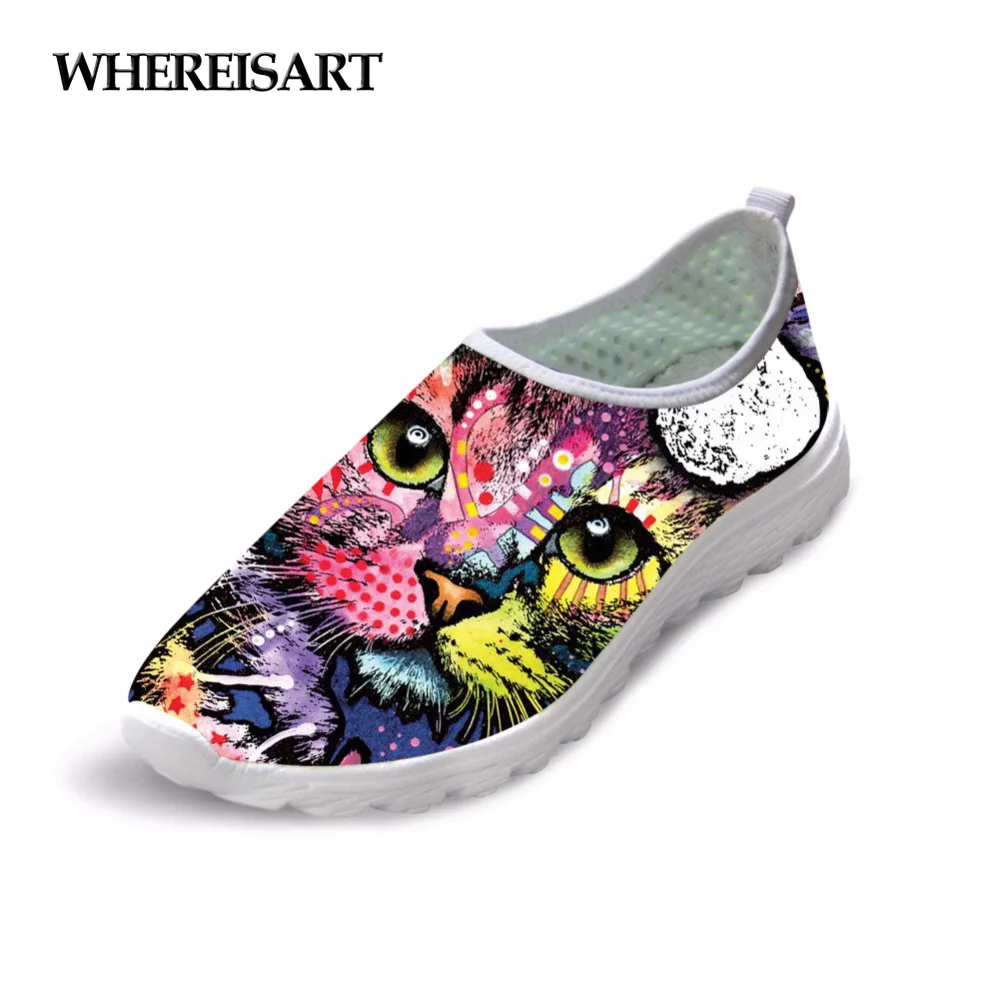 

WHEREISART Colorful Animal Cat Dog Printed Women Spring Summer Mesh Shoes Flats Women Breathable Comfortable Loafers Flats Shoe