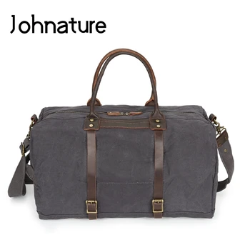 

Johnature 2019New Vintage Waterproof Canvas Bag With Cowhide Mens Duffle Bag Large Capacity Travel Bags Hand Luggage Travel Tote