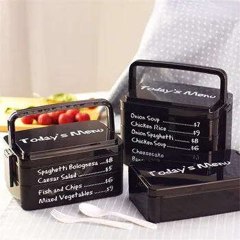 

Portable Lunch Box BPA Free Plastic Storage Leakproof 2 Layers With Spoon Fork Picnic Office Boxes Container Black Green 1915ML