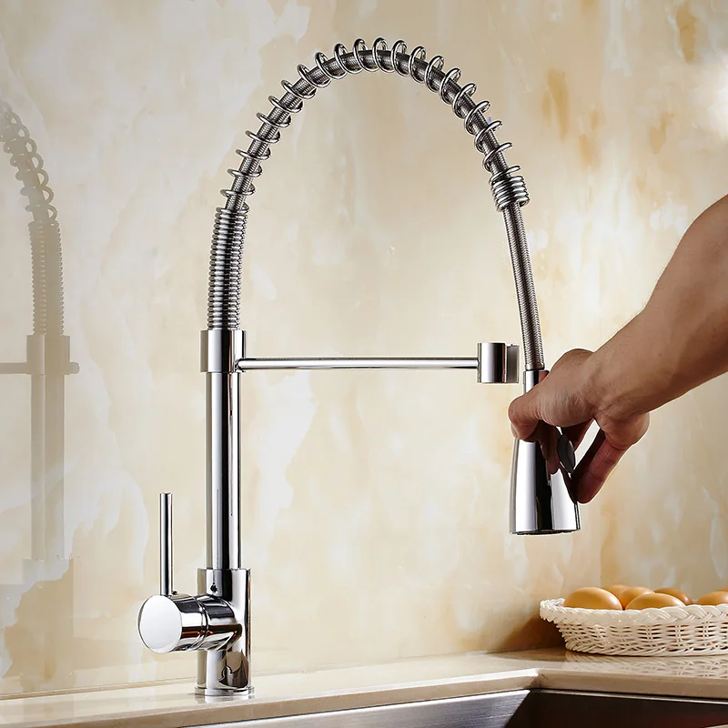 

Elegant Kitchen Faucet Pull Down&Out 360 Swivel Spout Extensible Spring Hot&Cold Brass Water Mixers Taps Chrome Laboratory Crane