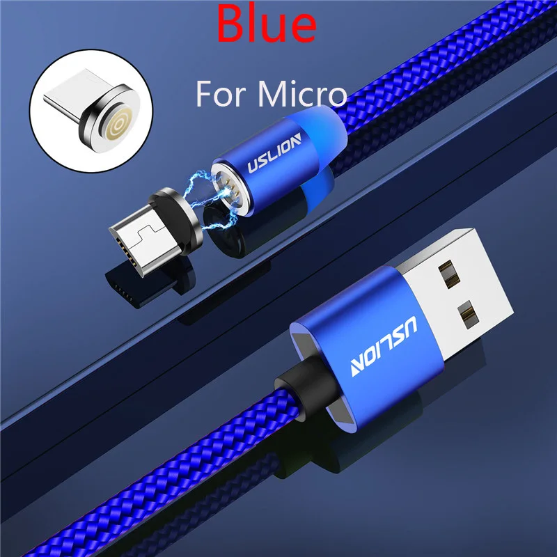 USLION 2M 3A Магнитный кабель Micro usb type C Быстрая зарядка для iPhone X XR XS 8 7 samsung S10 Xiaomi Магнитный кабель для зарядки телефона - Цвет: For Micro Blue