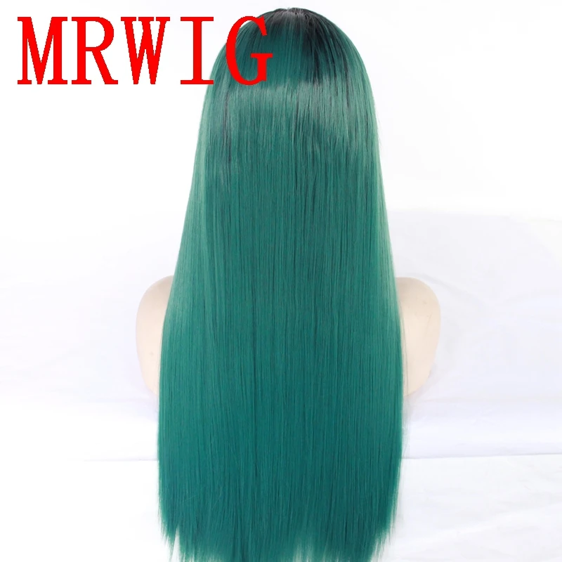 MRWIG  Black Ombre Green Short Dark Roots Long Straight Synthetic Glueless Front Hair Wig African Americans