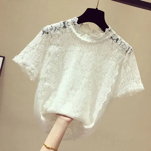 white blouse Woherb элегантное, цветочное, кружевное блузка рубашка Для женщин в Корейском стиле, модный короткий рукав Белая Блузка Летняя Открытая блуза - Цвет: white blouse