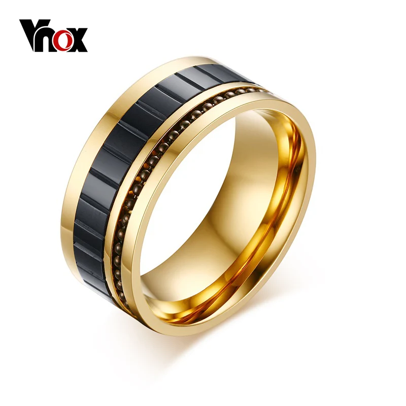 

Vnox Men's Ring Gold Color 10MM Wide Fashion Stainless Steel Man Jewelry Beaded Insert Lucky Gift