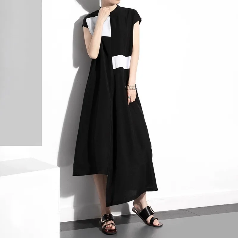 

[EWQ] New Spring 2019 Fashion Stand Collar Short Sleeve Contrast Color Stitching Irregular Hem Loose Dress Women JH411