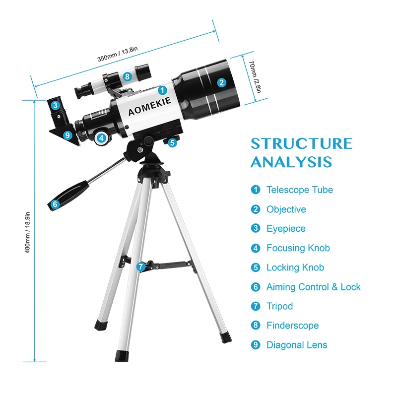 AOMEKIE Telescope 70mm Lens with Compact Tripod Finderscope for Beginner Scenery Moon Watching HD 15-140X Monocular Kids Gift