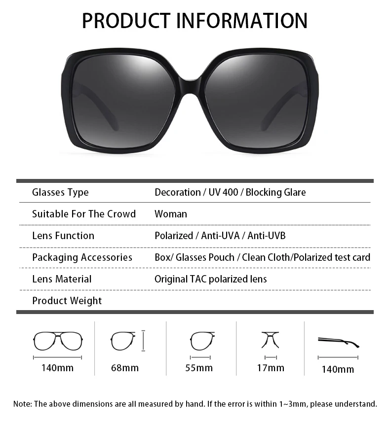 PARZIN Luxury Elegant Printing Frame Sunglasses For Women Square Big Frame Polarized Pattern Sun Glasses For Driver