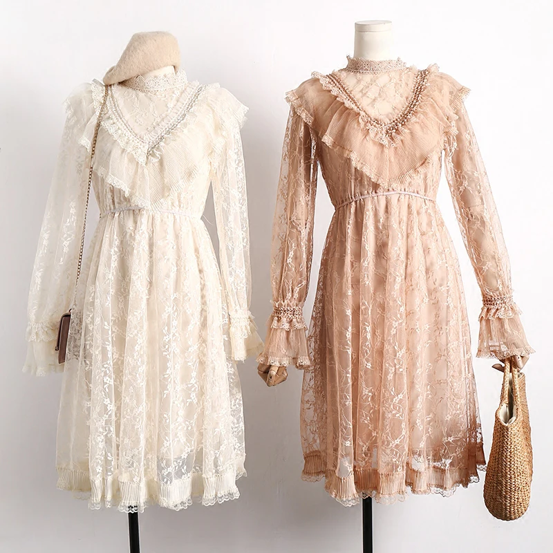 Black Pink Dress High Waist Floral Lace Dress Women O Neck Flare Long