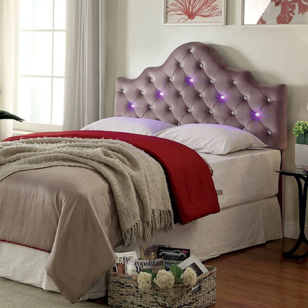 Twin Size Fabric Upholstered Solid Wood Headboard with LED Lights, Purple (1)