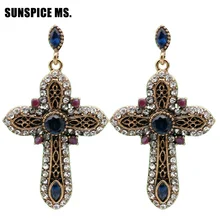 Elegent Vintage turco mujeres largas y cruzadas pendientes colgantes antigüedad Color oro resina Rhinestone Multicolor étnico joyas de religión