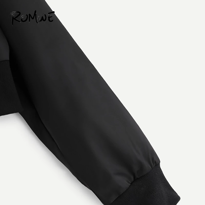 remarkable  ROMWE Black Solid Zip Up Front Bomber Jacket Autumn Women Casual Stand Collar Clothing New Design L