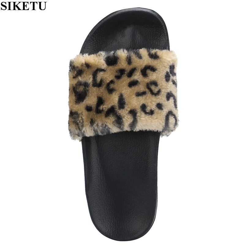 SIKETU New Leopard Slipper Women Furry Home Slipper Flat Shoes Women Leopard In door Slides Footwear Bed Slipper EU 35-40 A20