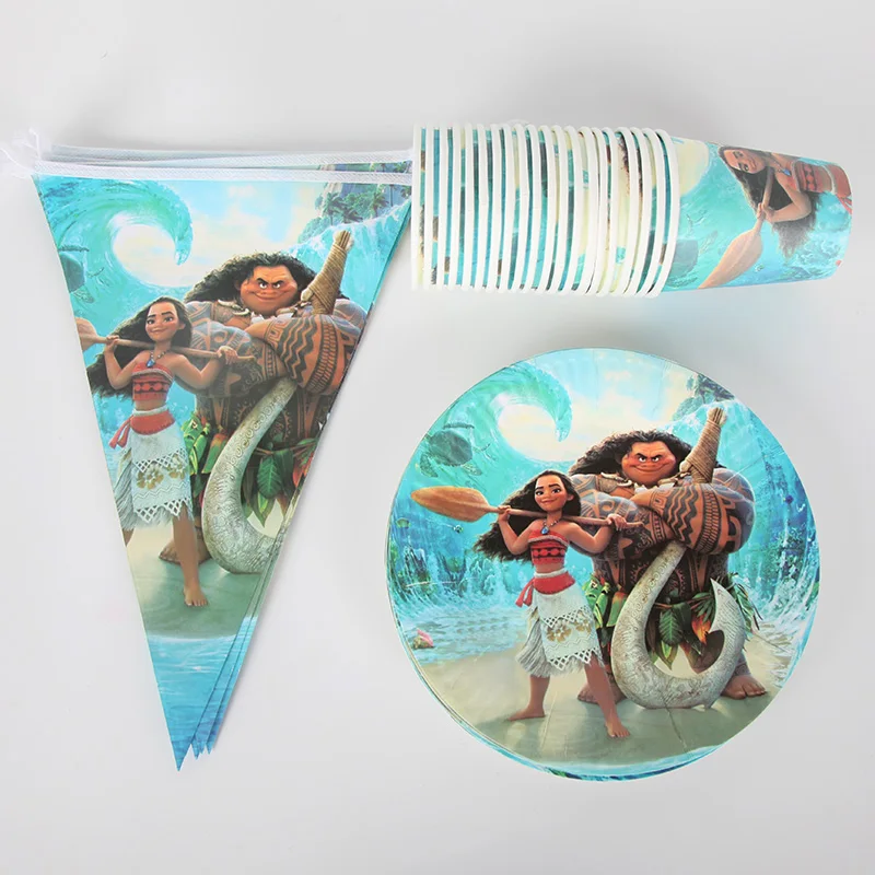 

50pcs/lot Maui Moana Movie Theme Disposable Tableware Sets 20 Plate+20 Cup+10 Flags Kid's Birthday Party Supplies Decor