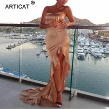 Articat סדיר ראפלס סקסי ארוך מקסי שמלת חג המולד נשים אדום סאטן ללא משענת Bodycon שמלה אלגנטי פיצול המפלגה שמלת 2019(China)