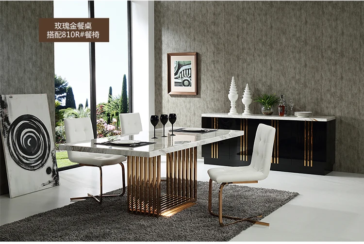 minimalist modern designer unique new stainless steel golden dining room set with marble table and leather chairs(1+4 chairs)