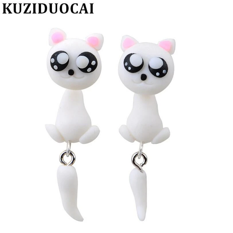 

Kuziduocai New Hot Fashion Jewelry Cartoon Soft Ceramic Cute Animals 3D Big Eyes Cat Stud Earrings For Women Girl Gift E-12