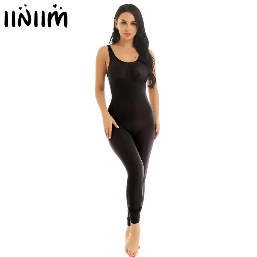 

Womens Femme Sexy Lingerie Bodycon Rompers See Through Sheer Body Stocking Scoop Neck Zipper Crotch Smooth Tank Leotard Bodysuit