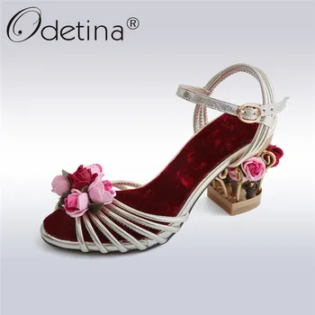 

Odetina 2018 Fashion Genuine Leather Peep Toe Women Sandals Ankle Strap Summer Shoes Bird Cage Flower Med Heels Big Size 33-43