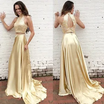 

Gold Two Pieces Prom Dresses 2019 Sequins Satin vestidos de fiesta largos elegantes de gala Party Dress