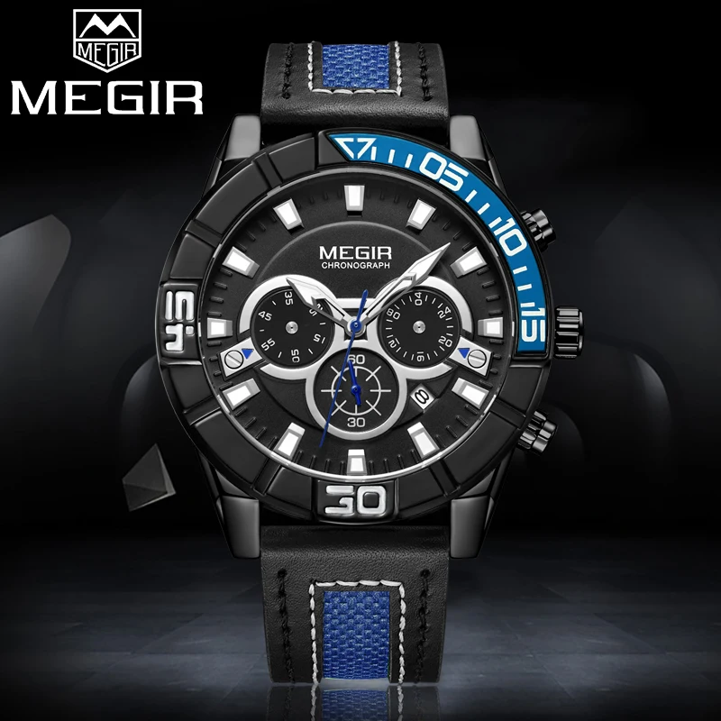 

MEGIR Top Brand Men Fashion Leather Watch Man Sport Quartz Watches Mens Military Chronograph Analog Clock Relogio Masculino