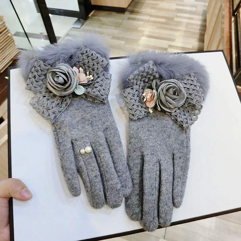 Модные женские зимние перчатки с большим бантом из кроличьей шерсти, перчатки для сенсорного экрана, женские меховые перчатки для вождения, Agb594
