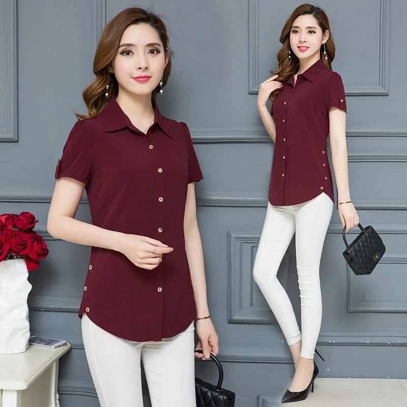  OL Office Work Wear Women Summer Style Chiffon Blouses Shirts Lady Casual Short Sleeve Turn-down Co