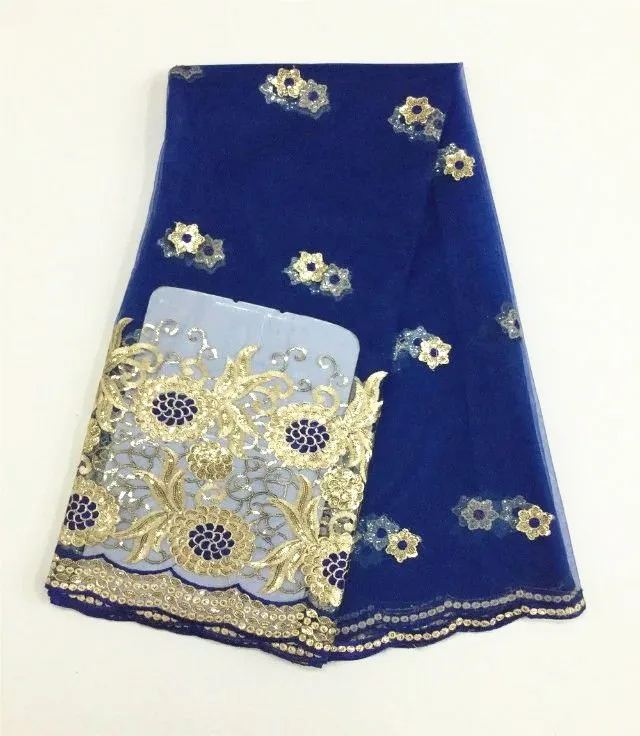 

5 Yards/pc Nice looking blue french net lace fabric with gold sequins flower design african mesh lace for dress BN64-5