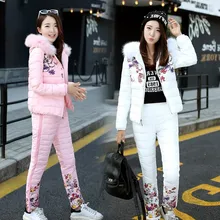 2017 New Winter Jacket Women Suit Thick Warm Slim Faux Fur Hooded Down Parka Coat Pants 2 Piece Set Female Outwear Parka Sets