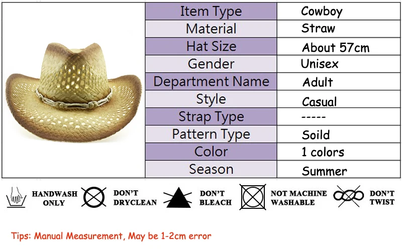 Women Men Straw Cowboy Hat