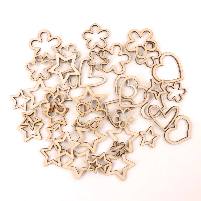 Description Picture 3 of itemNatural Wooden Hollow Flower Star Heart  Handmade Wooden Crafts Accessory Home Decoration Scrapbookings DIY 10-30mm 50pcs