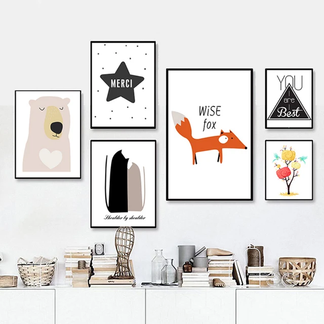 Sweet Cartoon Canvas Paintings Nursery Wall Art Abstract Fox Cat Sweet Cartoon Canvas Paintings Nursery Wall Art Abstract Fox Cat Bear Animals Poster Print Pop Pictures