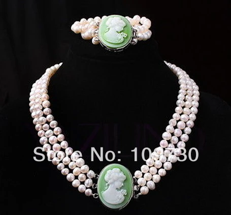 

Jewelry 00611 handmade carved queen portrait pendant fresh water 9mm pearls necklace set (A0423) -Top quality free shipping