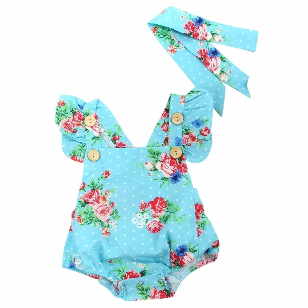 Newborn Baby Girls Clothes Tops Flower Jumpsuit Bodysuit Short Sleeve Flower Headband 2pcs Outfits Baby Girl 0-18M