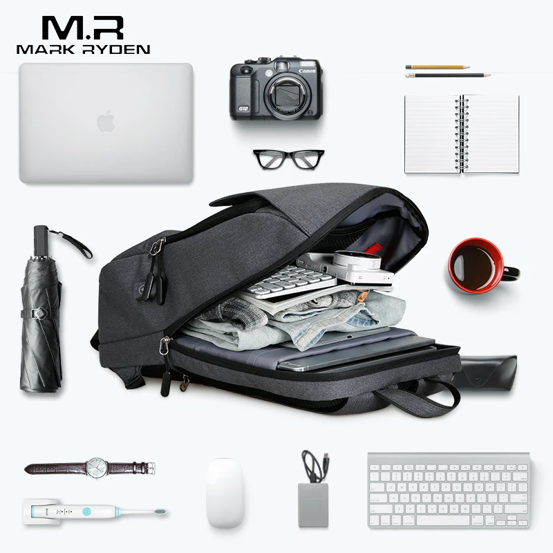 Mark Ryden hombre Mochila de carga USB 15,6 pulgadas Portátil Bolsa de la escuela para niño hombre viaje Mochila impermeable