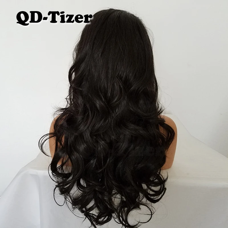 QD-Tizer Long Body Wave Synthetic Lace Wig Glueless Brown Color Free Part Heat Resistant Synthetic Lace Front Wig for Women